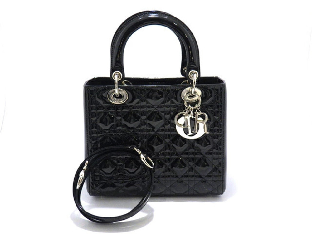 Christian Dior Lady Cannage Handbag Strap Patent Vernis Leather Black